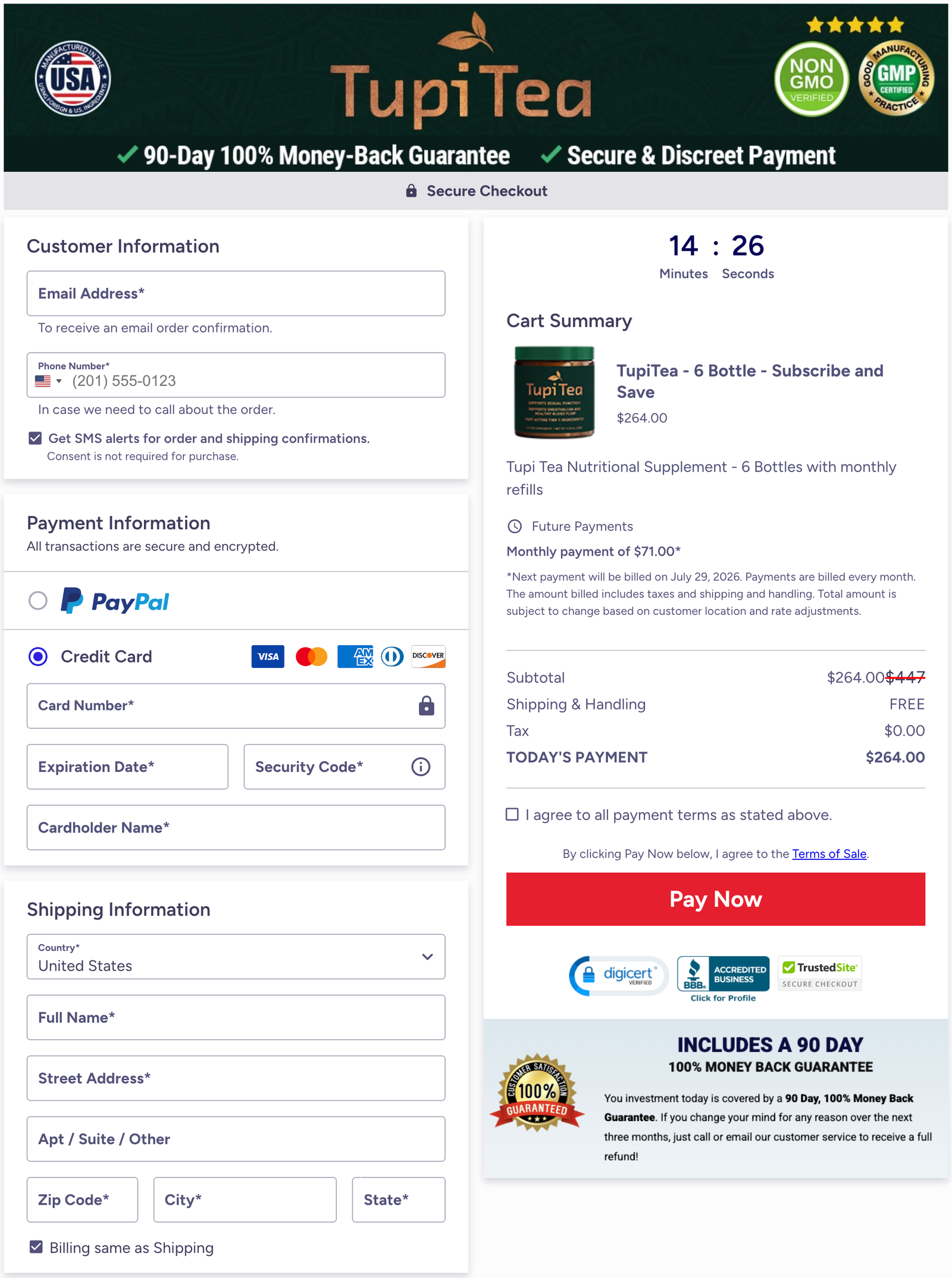 Tupi Tea Official Secure Checkout Page – Customer Information, Payment & Cart Summary